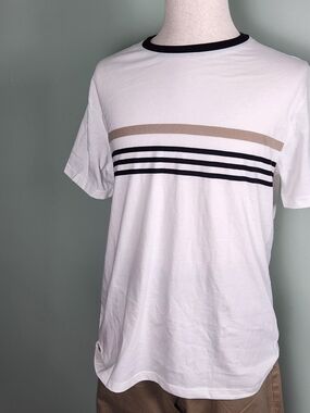 Denim & Flower Cream White Tee with Black Neckline and Beige & Black Stripes